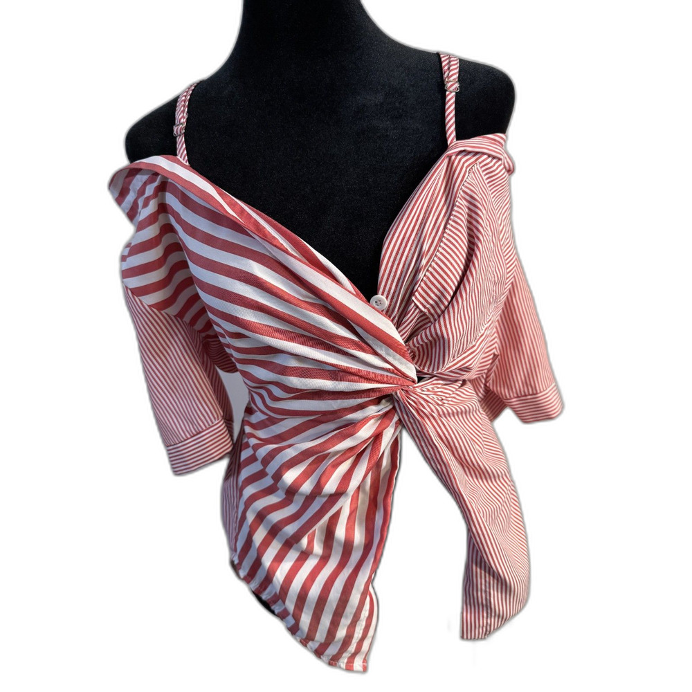 Red & White Stripe Twist-Front Off-Shoulder Top with Elastic Waist (Like Zara)